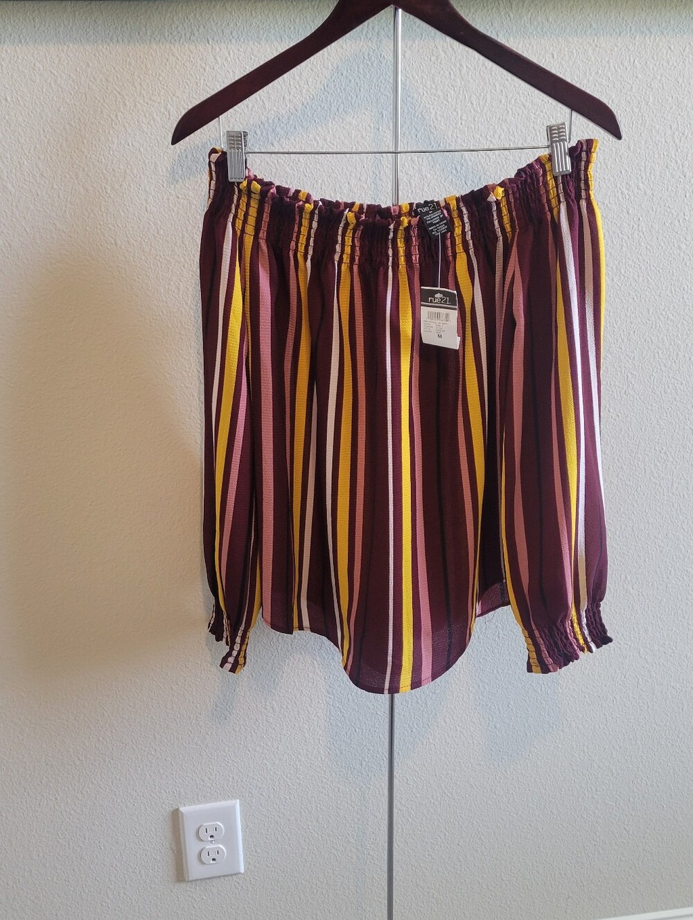 RUE 21 Striped Off-Shoulder Blouse in Burgundy, Yellow & Pink